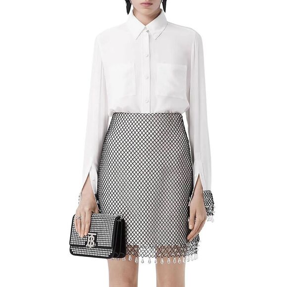 NWT Burberry Button Front Crystal Fringe Cuff Long Sleeve Silk Blouse Ivory Sz 6 - Picture 1 of 14